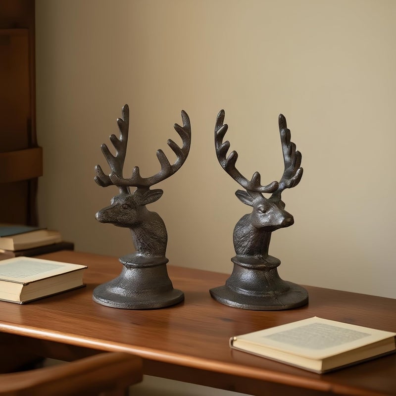 Remenna Decorative Bookend Deer Head Antler Book Ends Heavy Duty Cast Iron Vintage Shelf Decor, Antique Brown - Image 3